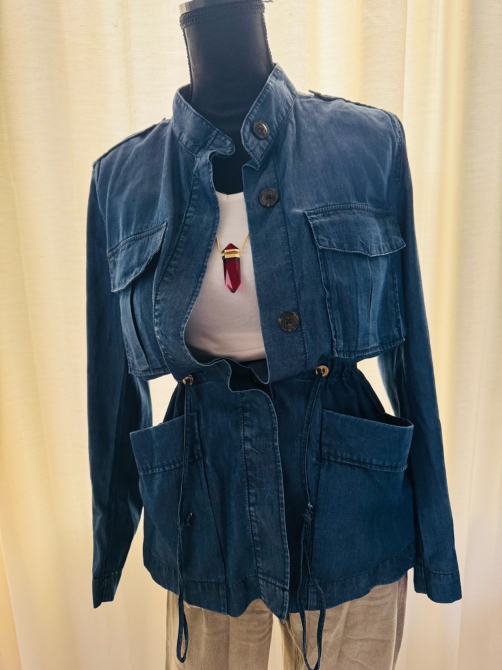 H&M Indigo Blue Denim Utility Jacket with Drawstring Waist